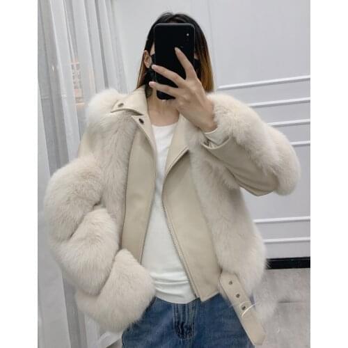 New Genuine real natural fox fur coat with sheep skin womens fashion warm winter waistcoats ladies jacket
