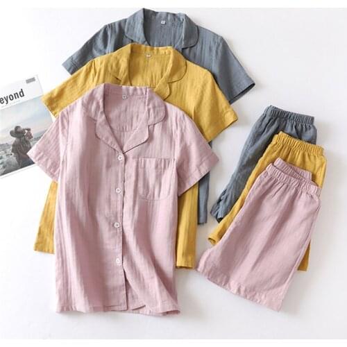 Couple pajamas summer 2PC cardigan women cotton gauze thin section loose short sleeve shorts home service suit sexy nightware