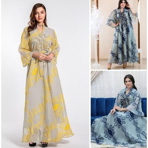 Muslim Women Long Dress Sequins Embroidery Caftan Dubai Luxury Party Maxi Robe Arabic Abaya Middle East Islamic Turkey Ramadan