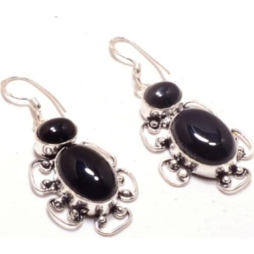 Genuine Black Onyx Silver Overlay on Copper Earrings , Hand made Women Jewelry Gift, E5193