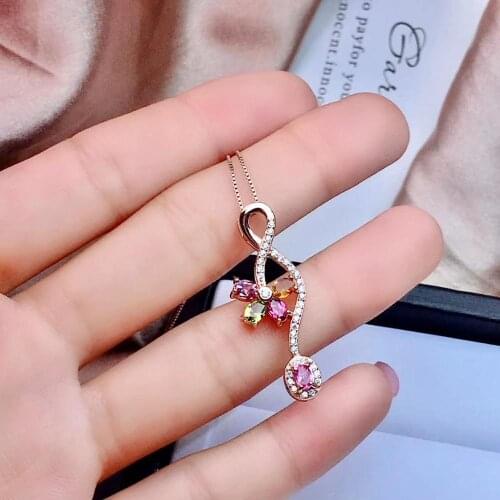 Natural Multicolor tourmaline Pendant natural gemstone pendant necklace S925 silver ancient Clover Tassels girl gift jewelery