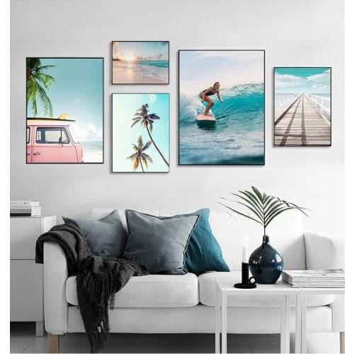 S And Prints Wall Pictures For Living Room Decor Surfing Girl Bridge Sea Beach Landscape Wall Art Canvas Painting Nordic