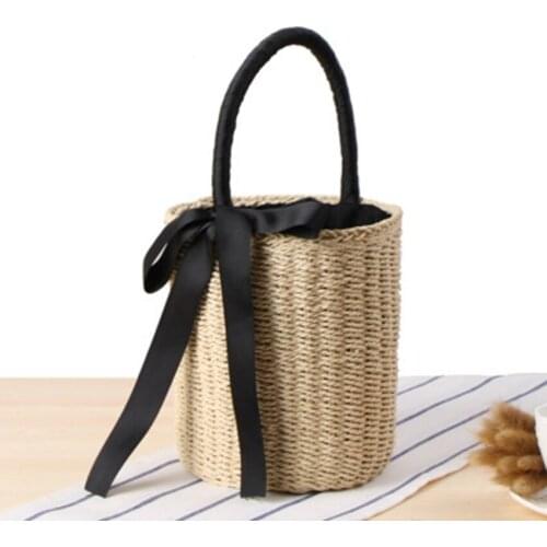 New style cylinder straw bag college wind summer vacation woven bag portable bucket ribbon retro fashion leisure bag