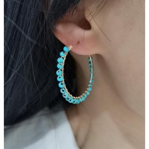 Unique Faceted Turquoise Bohemian Hoops Earrings Natural Stone Statement Jewelry Wire Wrap Fashion Boho Circle Women Earrings