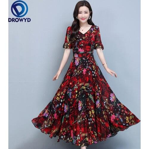 High Quality Dress 2021Summer New Arrival Hot Sale V Collar Flower Printed Short Sleeve Women Chiffon Long Dress Plus Size M-4XL