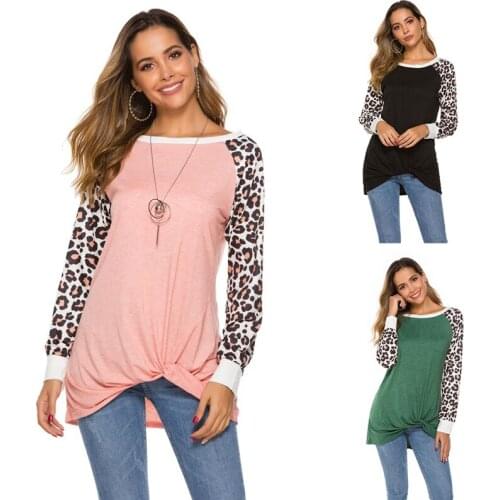 Womens Short Neck Leopard Long Sleeve Color Block Casual Loose T Shirt Tops Tee