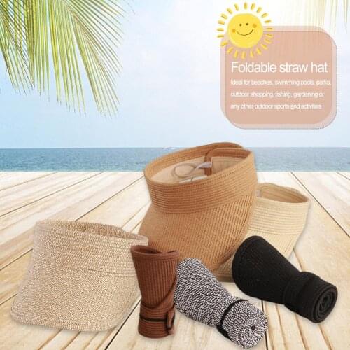 Womens Straw Sun Hat Ladies Handmade Woven Raffia Straw Sun Visor Hat Summer Sun Shade Beach Hat With Wide Brim Cap