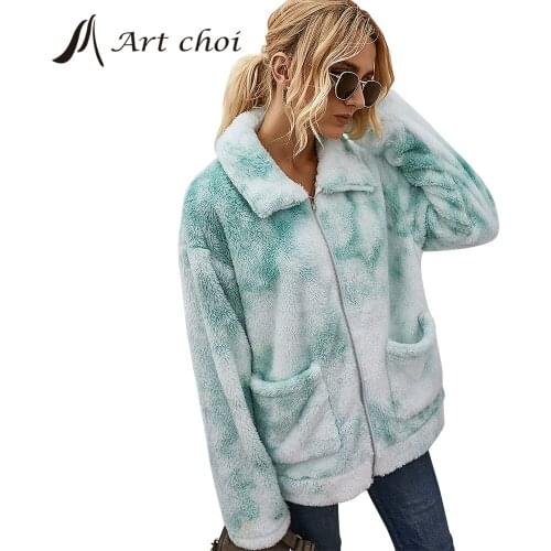2020 Thick Winter Women Casual Faux Fur Tie Dye Jackets Warm Female Pocket Zipper Plush Coats Sweatshirt Outerwear Overcoats
