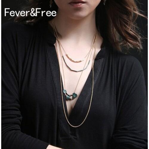Fever&Free Multi Layer Vintage Necklaces Bohemian Style Long Beads Chain Women Gold Necklaces Bijoux Femme Accessories Wholesale