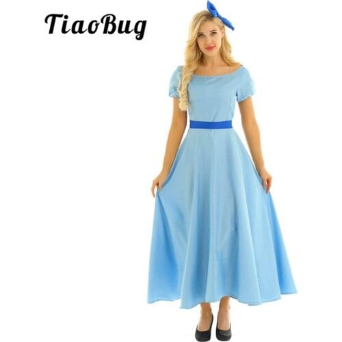 TiaoBug Women Halloween Cosplay Princess Costume Boat Neck Short Puff Sleeves Roleplay Party Maxi Dress with Hair Clips and Belt