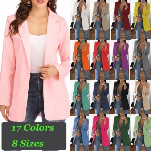 Polyester Oversize Blazer Women Regular Long V-neck Office Lady Jacket Elegant Female Solid Full Sleeve Pockets Autumn Blazer