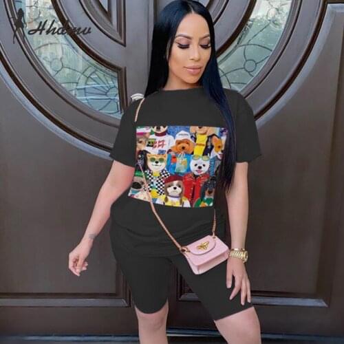 New Arrival 2020 Summer Running O-neck 2 Pieces Casual Graffiti Set Women Fashion Two Piece Set Top And Short Pants