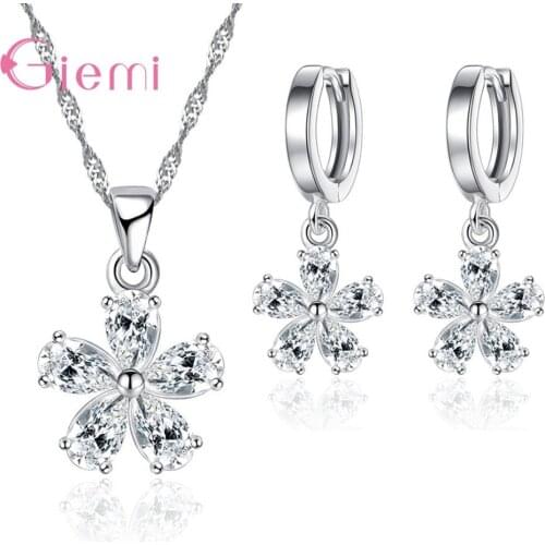 Simple Temperament 925 Sterling Silver Sydney Flower Drop Earring Necklace for Women Girl Sweet Cubic Zircon Jewelry Sets