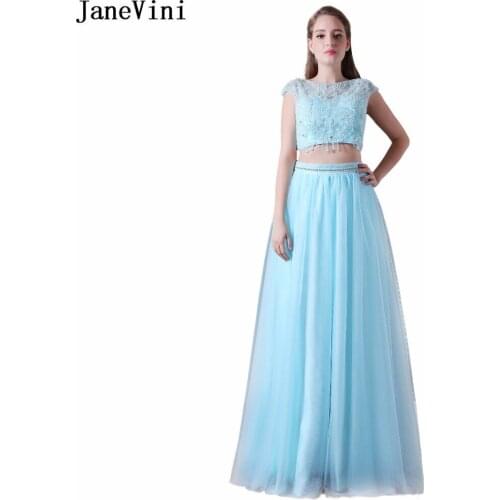 JaneVini Elegant Tulle Beading Long Two Pieces Bridesmaid Dresses for Women O Neck Backless A Line Formal Party Gowns Plus Size
