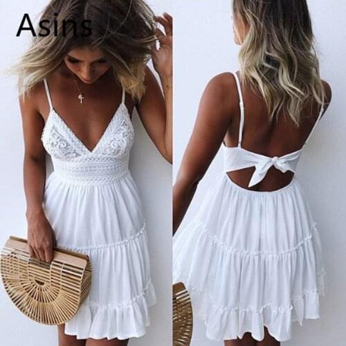 Asins dress women 2019 summer new hot casual fashion v neck high waist solid color patchwork lace bow wild slim sexy sling dress
