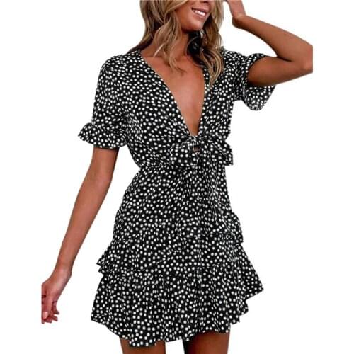 Womens Short Sleeve Dresses Sexy V-Neck Ruffle Swing Mini Dress A Line Loose Casual Dress