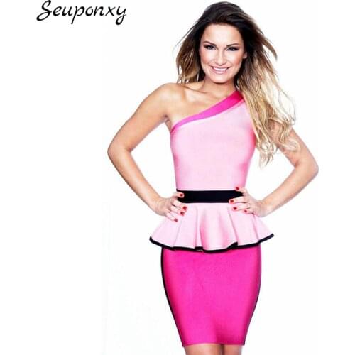 High Quality 2021 Summer Sexy Sleeveless One Shoulder Backless Bandage Dress Elegant Women Ruffle Celebrity Party Dress Vestidos