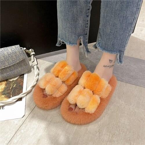 Winter Home Warm Slippers For Women Cotton Faux Fur Plush Solid Flat Cute Comfortable Shoes For Lady 2021