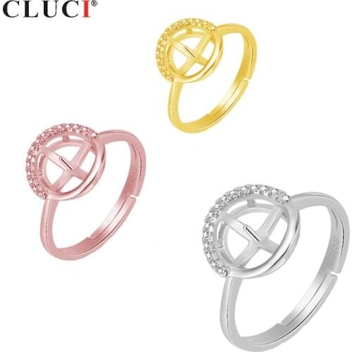 CLUCI Simple 925 Sterling Silver Round Pearl Ring Mounting Adjustable Zircon Ring for Women Wedding Jewelry Gift SR2088SB