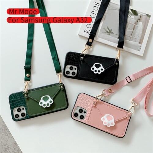 For Samsung Galaxy A32 5G S21 S20 Plus Note 20 Ultra Cute Cat Paw Card Package Phone Case Lanyard Protective Cover Leather Shell