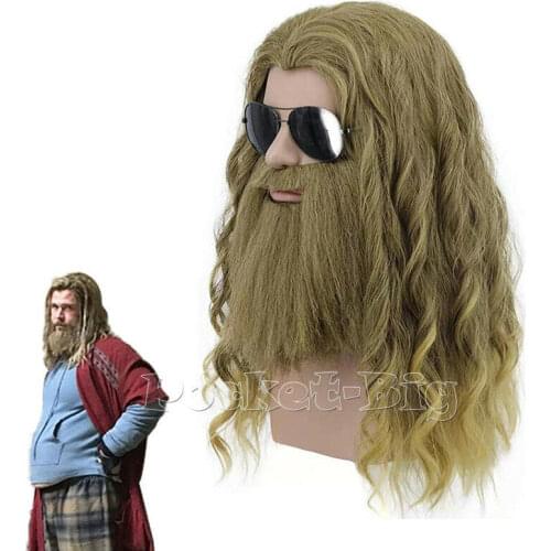 Endgame Fat Thor Cosplay Fluffy Curly Wigs Brown Moustache Hair Stage Prop Halloween