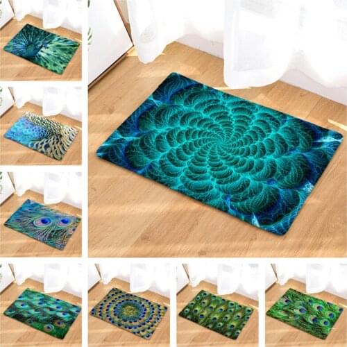 Feather Printed Flannel Entrance Doormat Peacock Pattern Non Slip Bathroom Carpet Kitchen Mat Home Decorative Living Room Rug