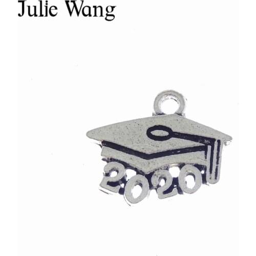 Julie Wang 50PCS Alloy Number 2020 Graduation Cap Diploma Charms Antique Silver Color Pendant Necklace Jewelry Making Accessory