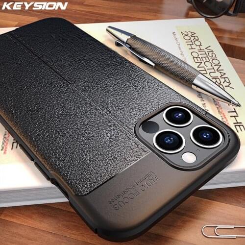 KEYSION Phone Case for iPhone 12 Pro Max Litchi leather texture TPU silicone Shockproof Black Cover for iPhone 12 mini 2020 New