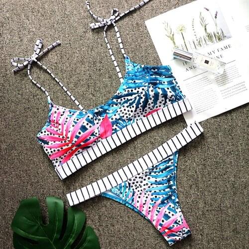 Print Stripe Cut Out Bikini Sets Sexy Low waisted Halter Swimsuit Two Pieces Swimwear Women Beach Bathing Suits Biqini