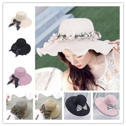 Summer Elegant Womens Sun Hat Flower Straw Hat Wide Brim Sea Beach Sun Hat Bone Capeline Chapeaux For Lady