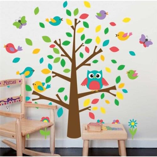 Cute owls birds tree wall stickers kids playroom decoration nursery cartoon children baby home decals 1015. animal mural art 4.0