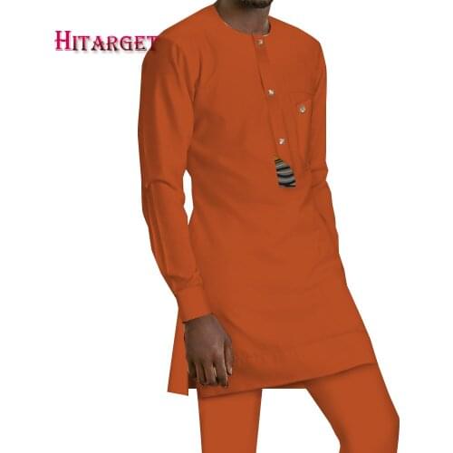 2 Piece Fashion Men Casual Shirt Pant Pant Set African Clothing for Men Long Sleeve Dashik Blouse and Pant Solid Color WYN1784