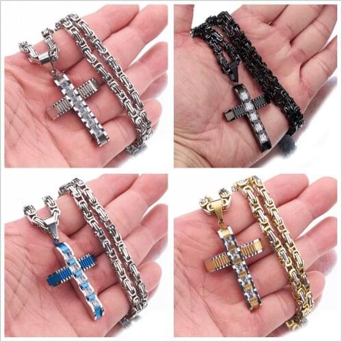 Punk Iced Out Paved Rhinestones Full Byzantine Chain CZ Bling Rapper Necklaces For Men Silver Gold Black Stainless Steel Jewelry