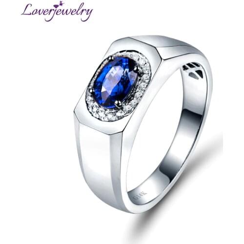 LOVERJEWELRY Ring Natural Blue Sapphire Diamond Wedding Mens Ring Solid 14K White Gold Engagement Fine Jewelry For Husband Gift
