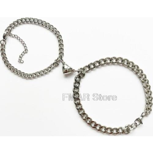 2Pcs/pair Stainless Steel Couple Bracelets Magnetism Heart Charm Fashion Cuba Chain Bracelets Jewelry Gift For Women Men 2021