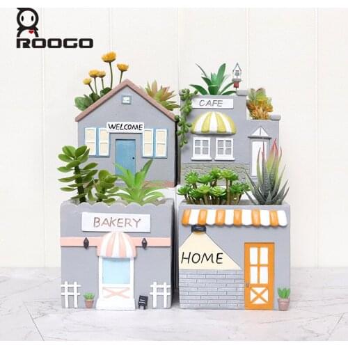 Roogo mini town style flower pots resin bonsai home and garden succulent plant pot