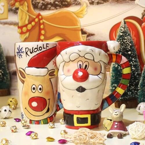 Hand painted Mug Santa Claus ceramic cup water cup large capacity creative coffee cup with lid couple