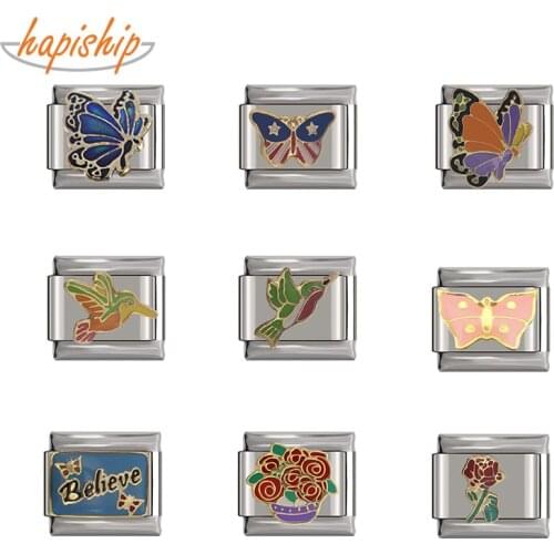 Hapiship New 2021 Daisy Charm Brids Butterfly Flower Links Fit 9mm Bracelet Stainless Steel Diy Making DJTop56
