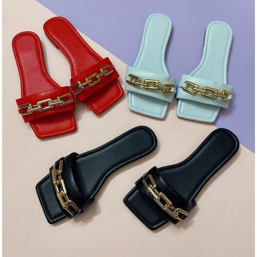2021 Summer Fashion Womens Shoes Flat Sandals Solid Color golden Chain Slippers Outdoor Beach Shoes Slides Black Flip Flop