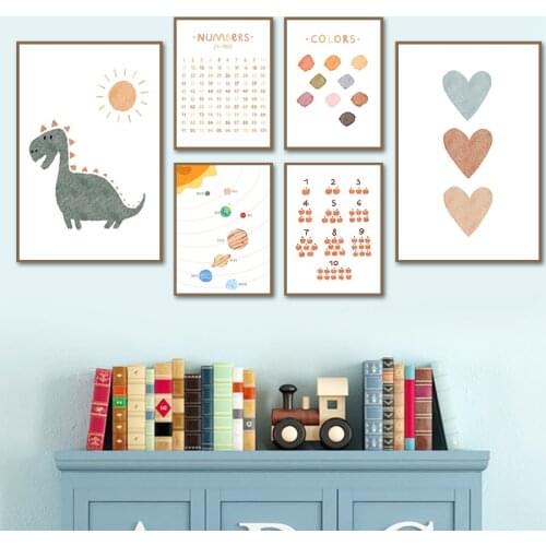 Sun Dinosaur Planet Number Color Block Cartoons Wall Art Canvas Painting Nordic Posters And Prints Wall Pictures Kids Room Decor