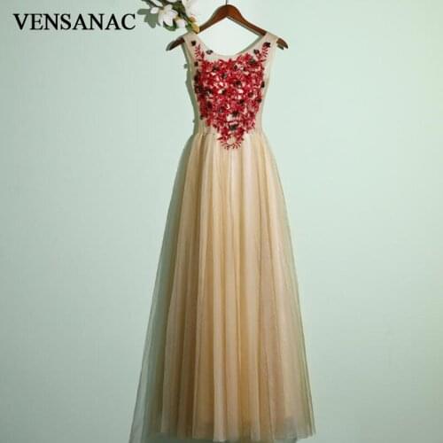 VENSANAC 2018 O Neck Flowers Appliques A Line Long Evening Dresses Elegant Party Lace Backless Tulle Prom Gowns