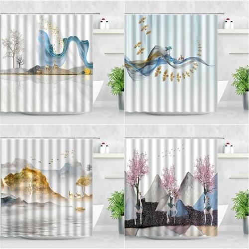 Natural Scenery Shower Curtains Animals Deer Trees Golden Line Bird Creative Bathroom Decor Screens Waterproof Cloth Curtain Set
