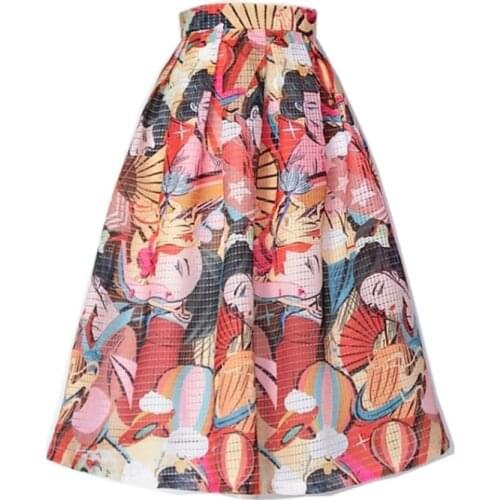 2021 spring fashion high waist zipper women vintage mid calf printed skirt plus size 2XL