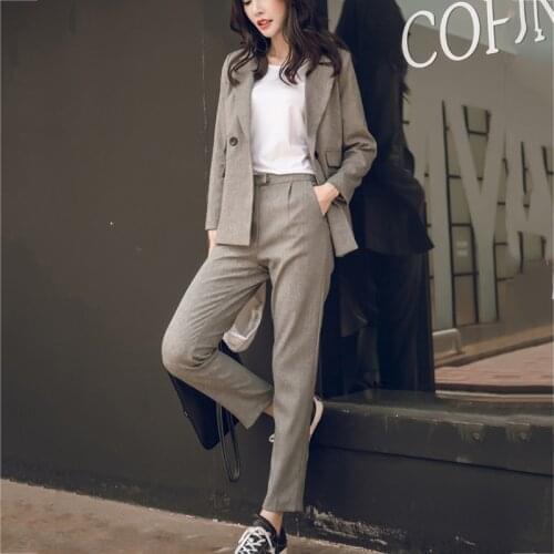 New Arrival Women Notched Long Sleeve Blazer Elastic Waist Straight Long Pants 2 Piece Set Female Casual Pants Suit S98304F