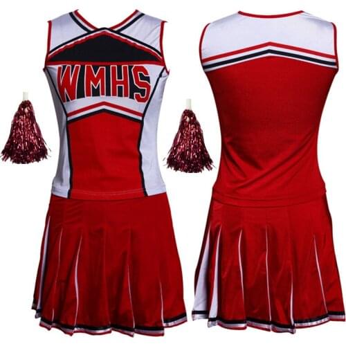Women Sexy High School Glee Cheerleader Costume Set Cheer Girls Uniform Cheerleading Outfit Top+ Skirt+ Pompom