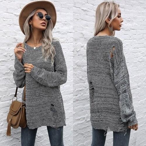 2021 fashion autumn European and American ins wind hollow hole solid color round neck forest Hedging sweater sweater women