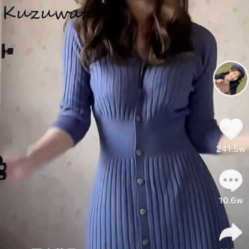 Short Neck V Sleeve Single Breast Knit Dress Women High Waist Hip Skinny Vestidos Summer Multicolor Robe Sweater