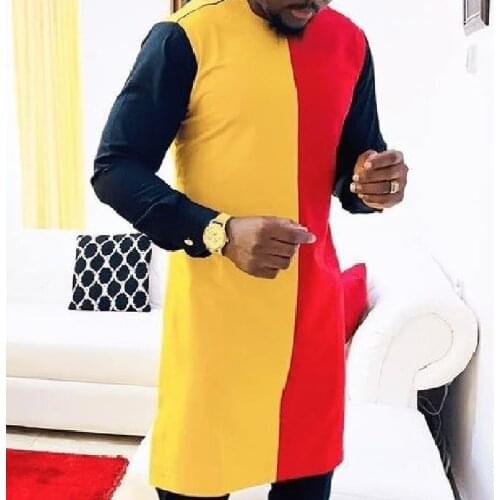 African fashion men patchwork shirts yellow/red/black mix party male tops o-neck mans outfit wedding garments
