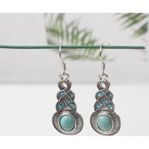 Bohemian Retro Hook Earrings for Women Blue Beads Antique Color Dangle Earrings Twist Rhinestone Fashion Ear Jewelry pendientes