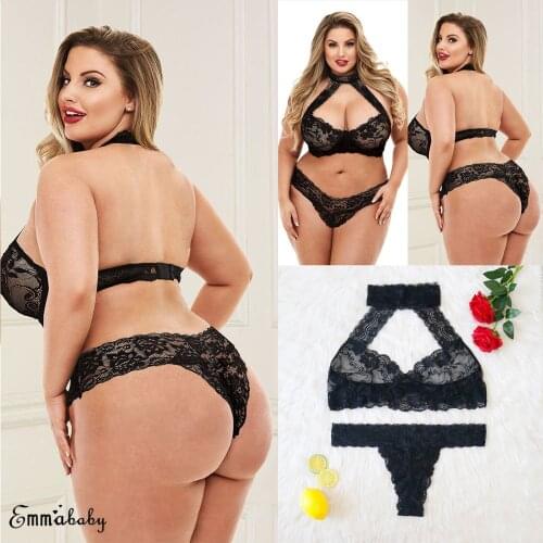 Plus Size Black Women Hot Sexy Lace Halter Hollow Bra Underwear Female Wireless Lingerie Bra Set Bralette Transparent Intimates